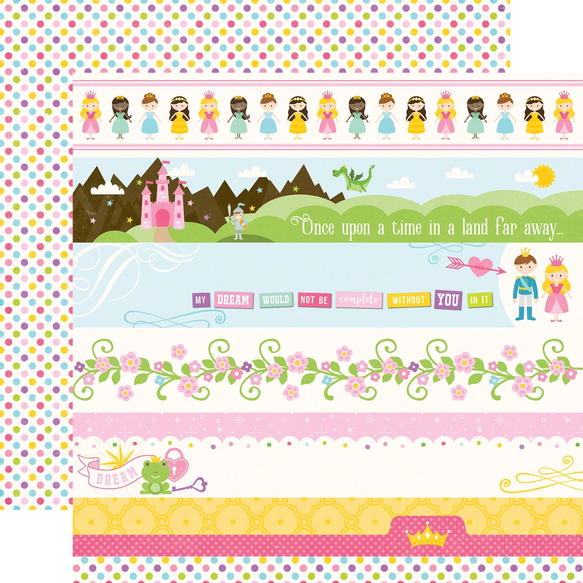 Multi-colored (Side A - princess border strips and phrases on an off-white background; Side B - polka dots in pink, purple, yellow, lime green, and turquoise on an off-white background)