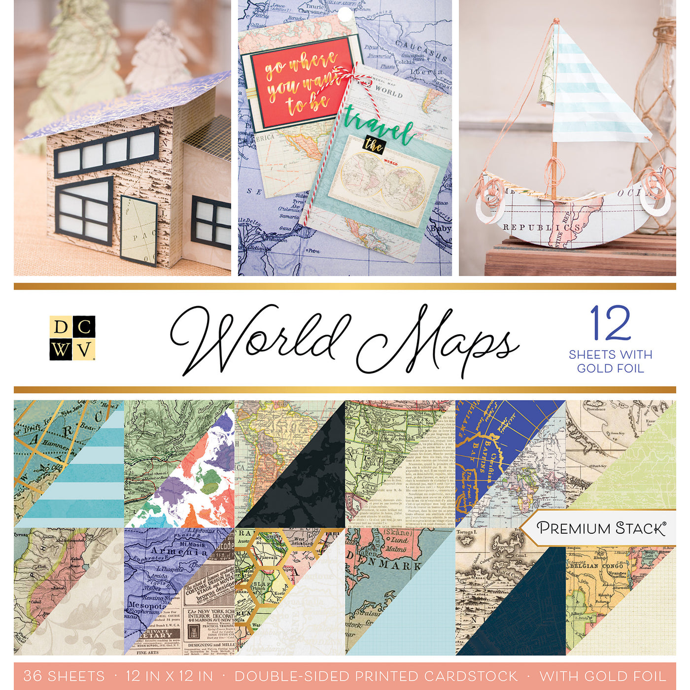 WORLD MAPS Premium Stack - 36 double-sided pages - 12 with gold foil - DCWV