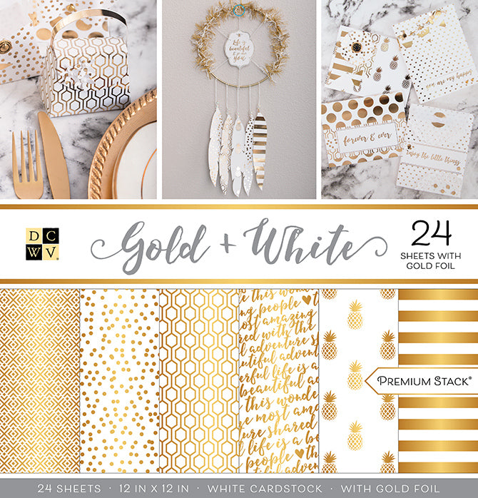 Gold and White Premium Stack from DCWV includes 24 sheets of white cardstock featuring beautiful gold foil designs