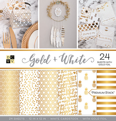 Gold and White Premium Stack from DCWV includes 24 sheets of white cardstock featuring beautiful gold foil designs