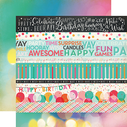 "Border Strips" 12x12 double-sided designer cardstock is part of PARTY TIME collection kit by Echo Park Paper Co.