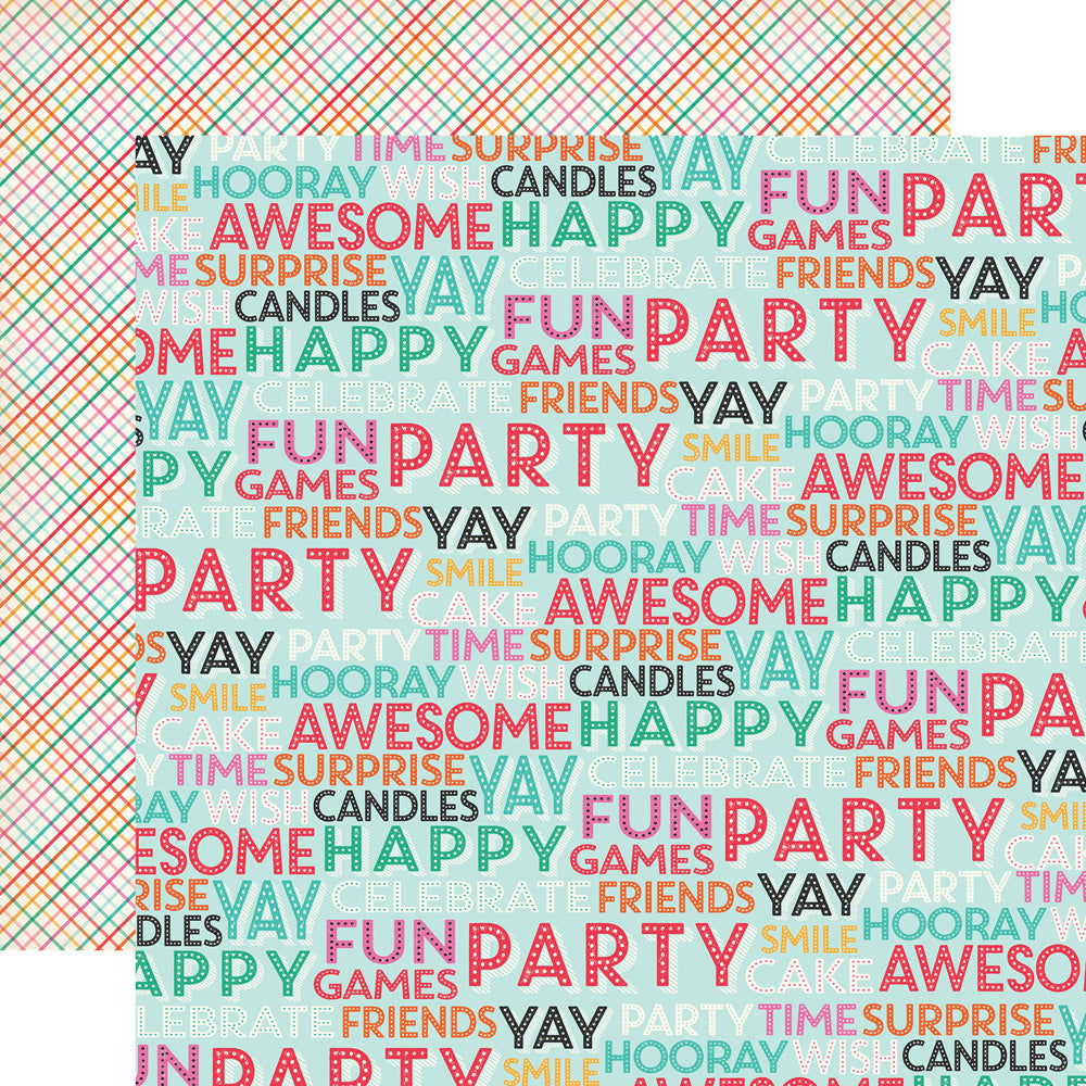 (colorful birthday words and phrases on a light blue background, fun bright plaid on an off-white background reverse)