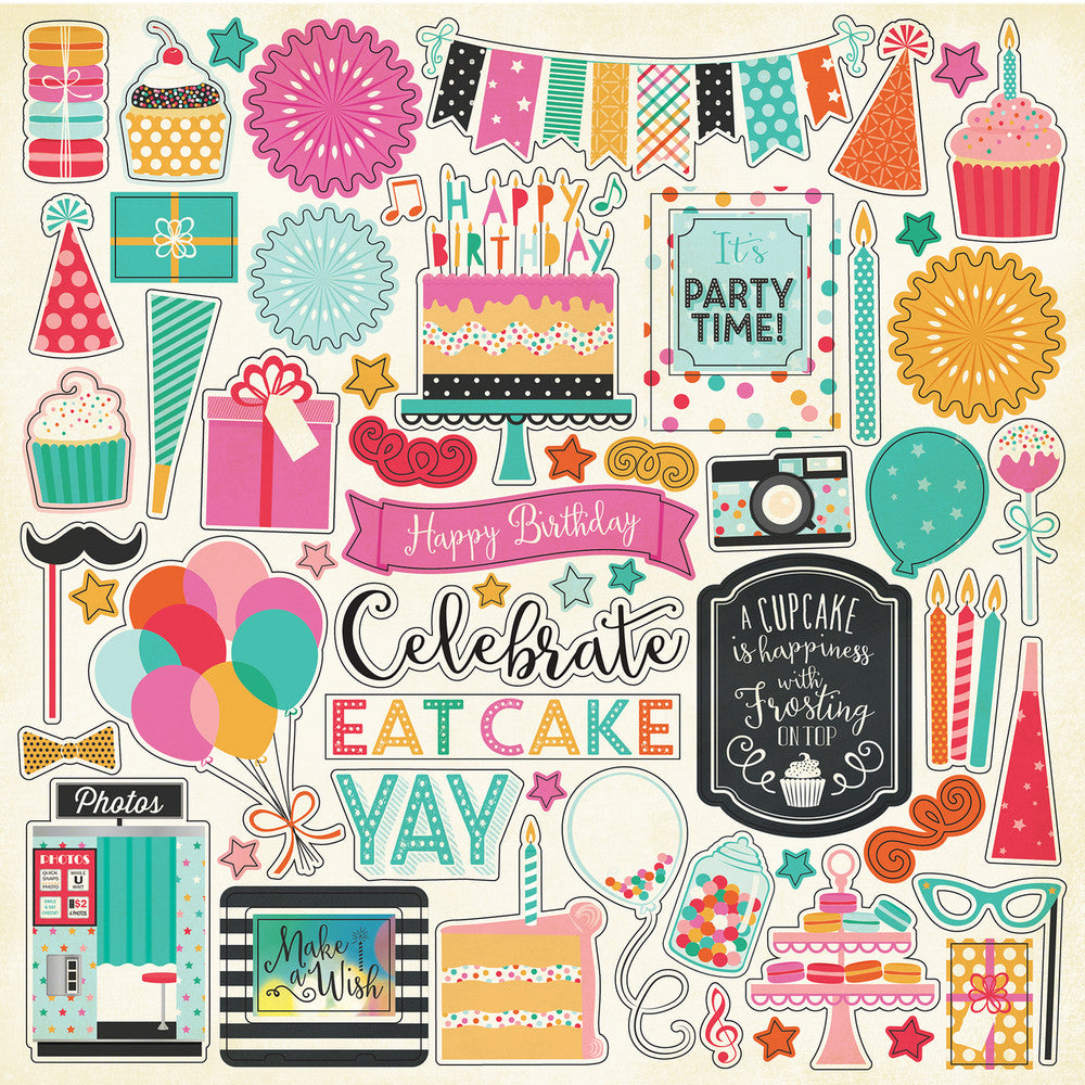 Party Time Elements 12" x 12" Cardstock Stickers from the Party Time Collection. The package includes one sheet of cardstock stickers with images of cupcakes, flowers, balloons, party hats, and phrases like "Eat Cake," "Celebrate," and more. 