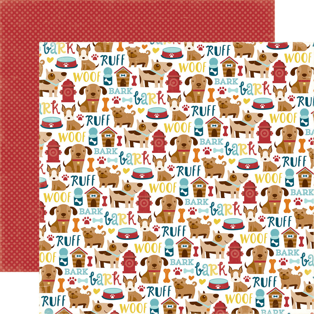 Multi-Colored (Side A - colorful puppy icons, puppies, doghouse, dog bowl, in gray, brown, red, mustard yellow, blue, and light blue on white background with words bark and woof. Side B - red polka dots on dark red background)