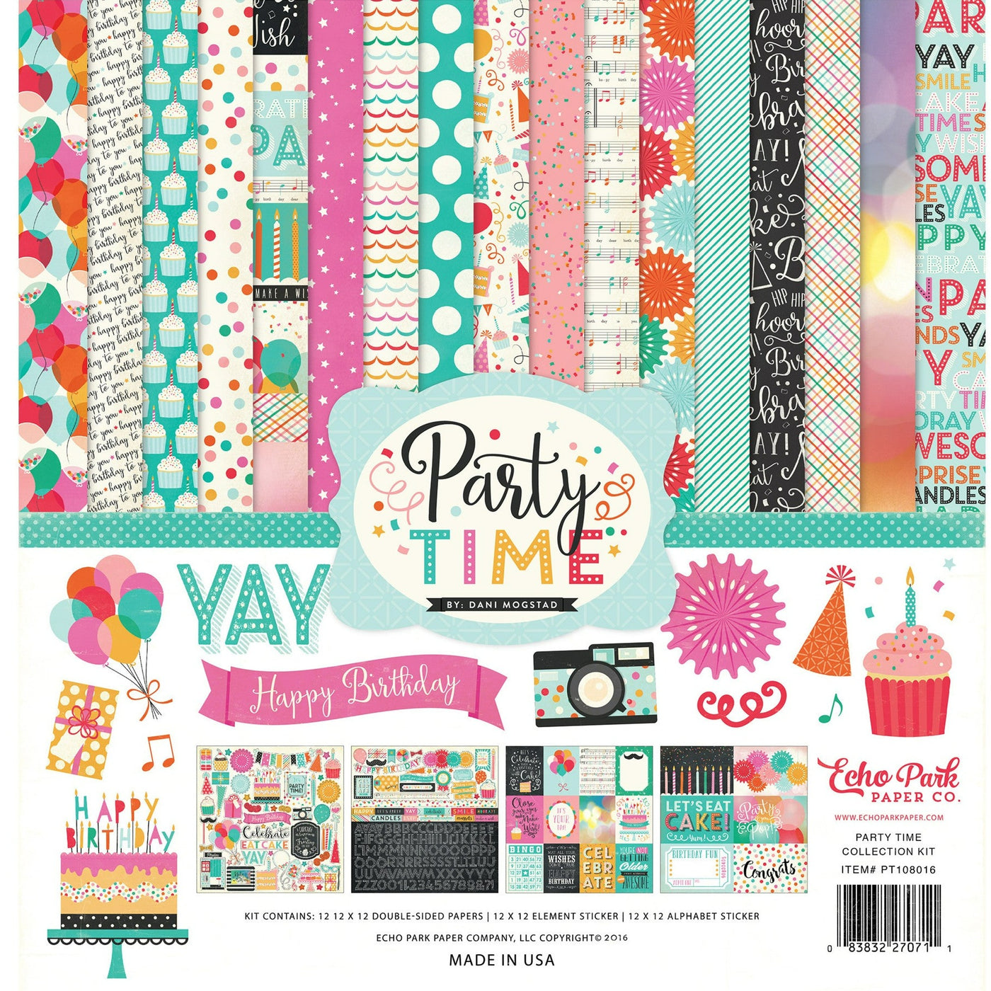 PARTY TIME page collection kit includes 12 double-sided cardstock sheets and coordinated sticker elements - by Echo Park Paper Co.