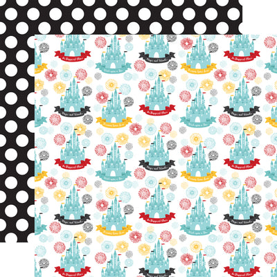 (Side A - theme park castles and fireworks, Side B - white polka dots on a black background)