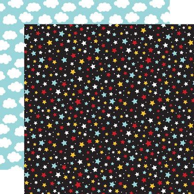 (Side A - stars in red, yellow, light blue, and white on a black background, Side B - white puffy clouds on a sky blue background)