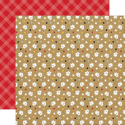 (Side A - rows of white gloves and stars all over on a kraft background, Side B - white plaid on a red background)