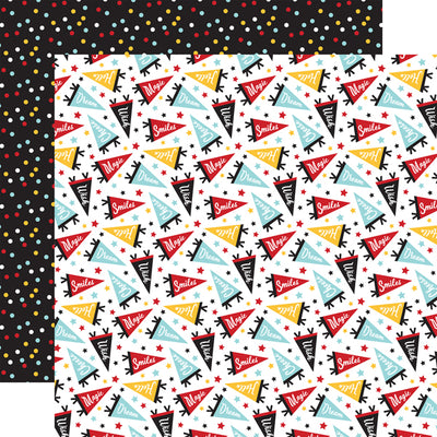 (Side A - flags with the words, "smiles, hello cheers, and dream" along with stars all over on a white background, Side B - white, red, yellow, and light blue polka dots on a black background)