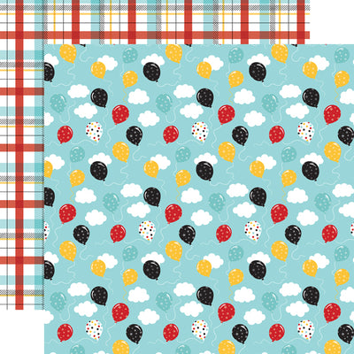 (Side A - balloons with strings in red, yellow, blue, and black along with puffy white clouds all over on a sky blue background, Side B - white, red, yellow, and light blue plaid on a white background)