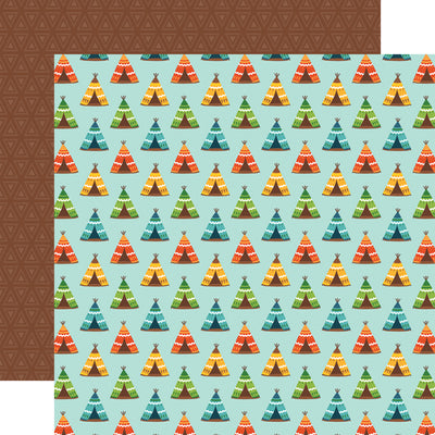 (rows of colorful teepees on a light blue background, brown geometric pattern reverse)