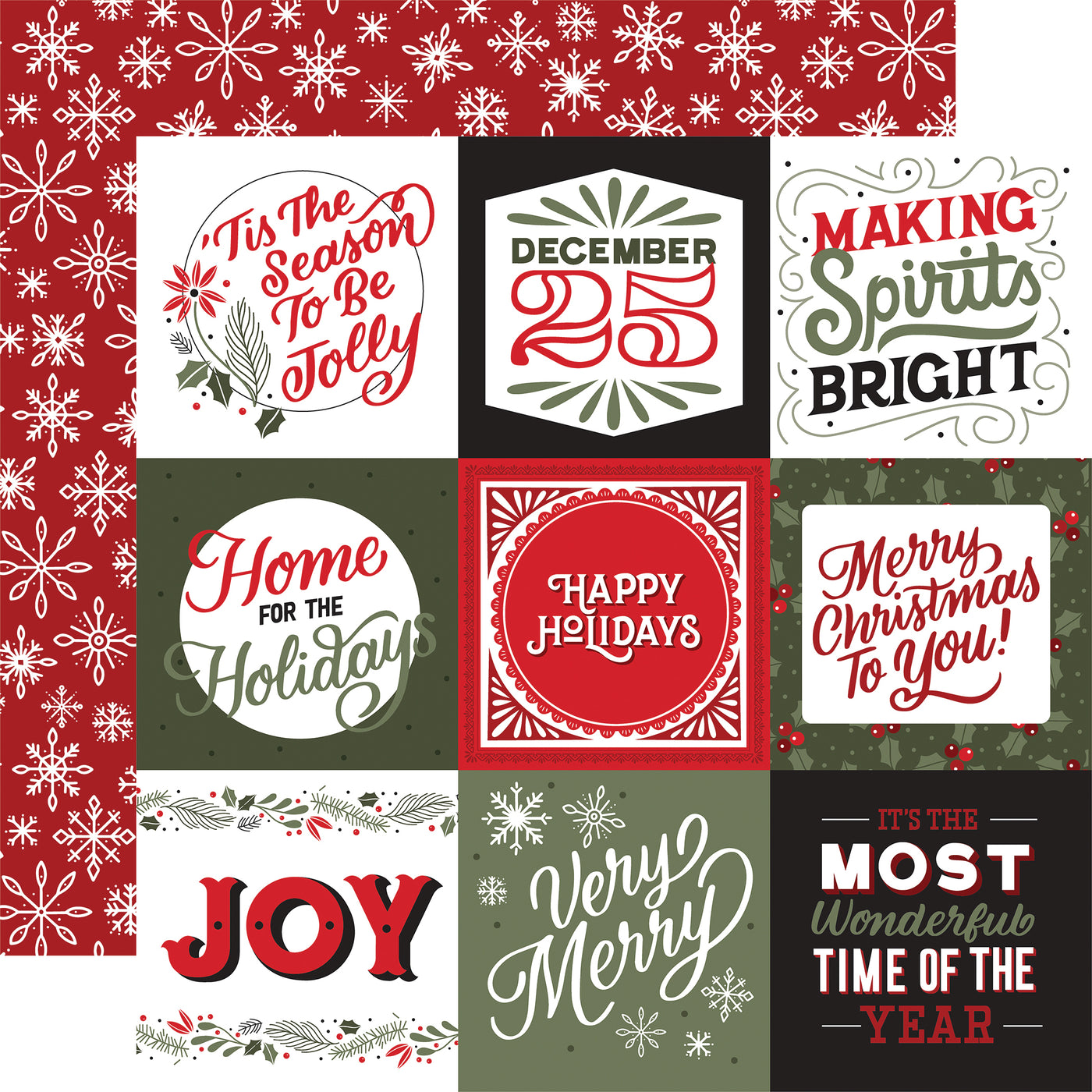 side A - fun Christmas sayings. side B - whimsical snowflakes on red background.