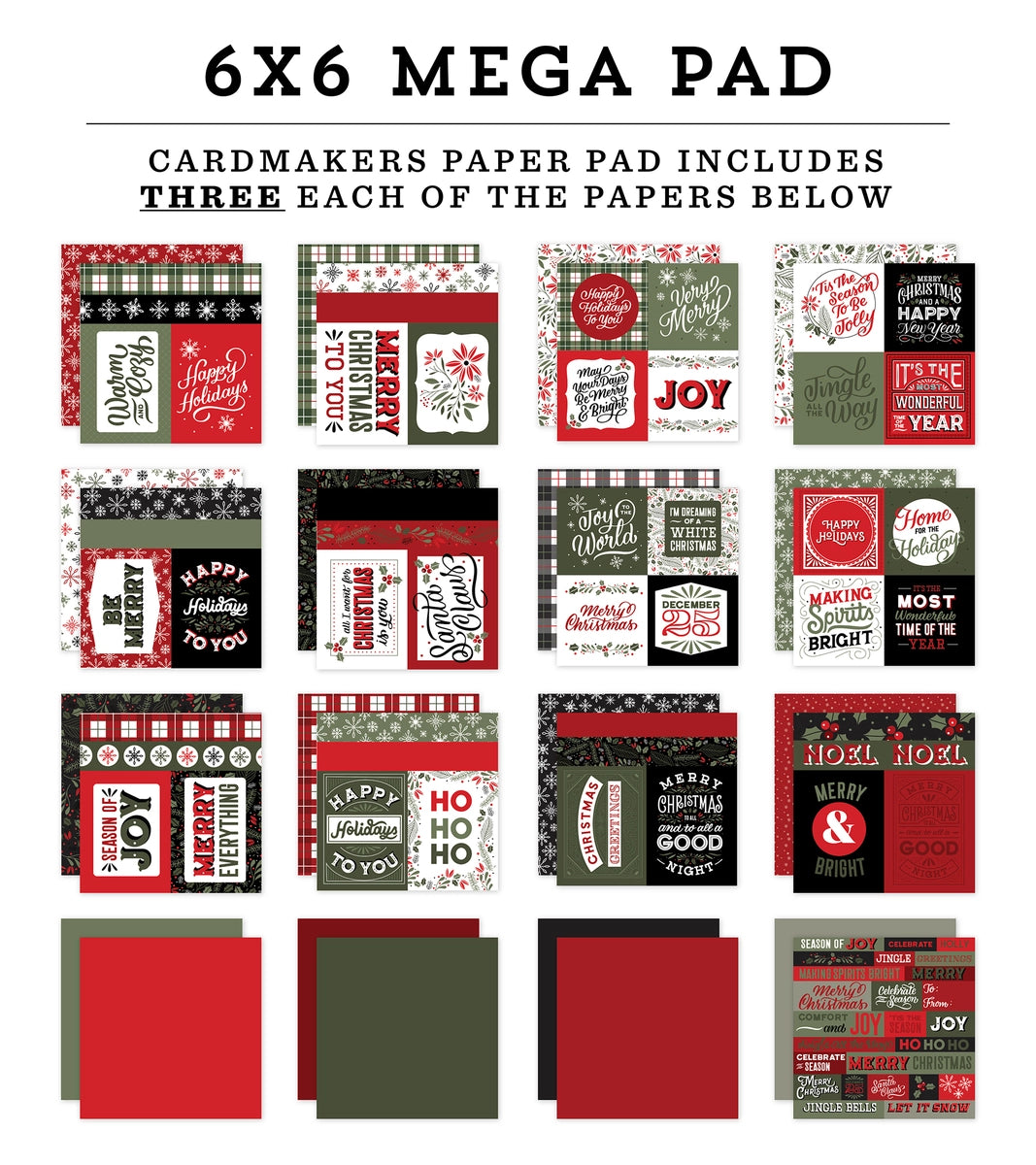 This 6" x 6" Mega paper pad is part of the Christmas Salutations Collection from Echo Park. This paper pad includes 48 sheets of double-sided paper, 3 each of 16 patterns. This includes some of the journaling cards and 3 pages of words and phrases that can be cut out and placed on your projects. 