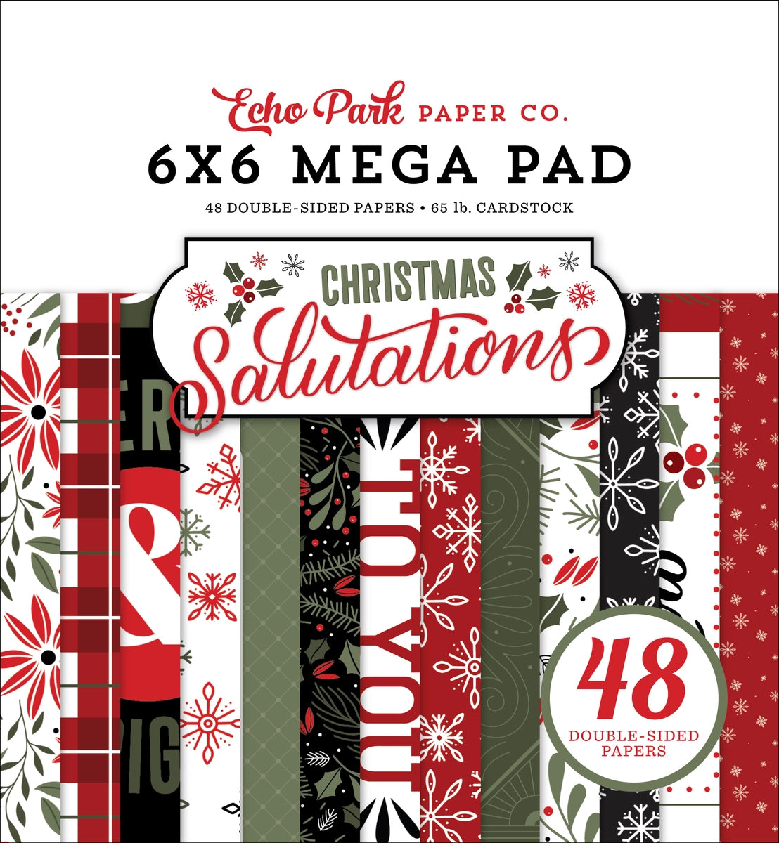 This 6" x 6" Mega paper pad is part of the Christmas Salutations Collection from Echo Park. This paper pad includes 48 sheets of double-sided paper, 3 each of 16 patterns. This includes some of the journaling cards and 3 pages of words and phrases that can be cut out and placed on your projects. 