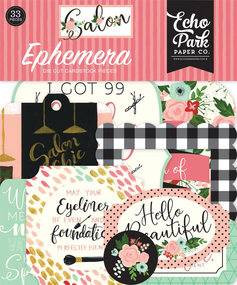 Salon Ephemera Die Cut Cardstock Pack. Pack includes 33 different die-cut shapes ready to embellish any project. Package size is 4.5" x 5.25"