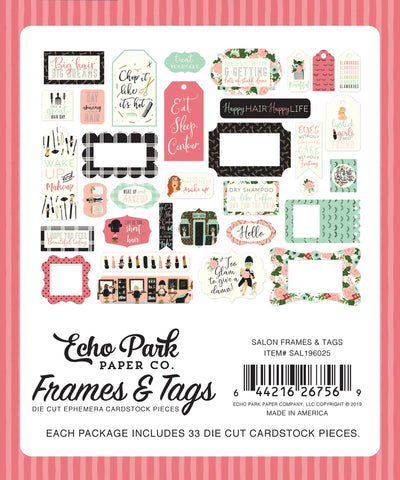 Salon Ephemera Die Cut Cardstock Pack. Pack includes 33 different die-cut shapes ready to embellish any project. Package size is 4.5" x 5.25"