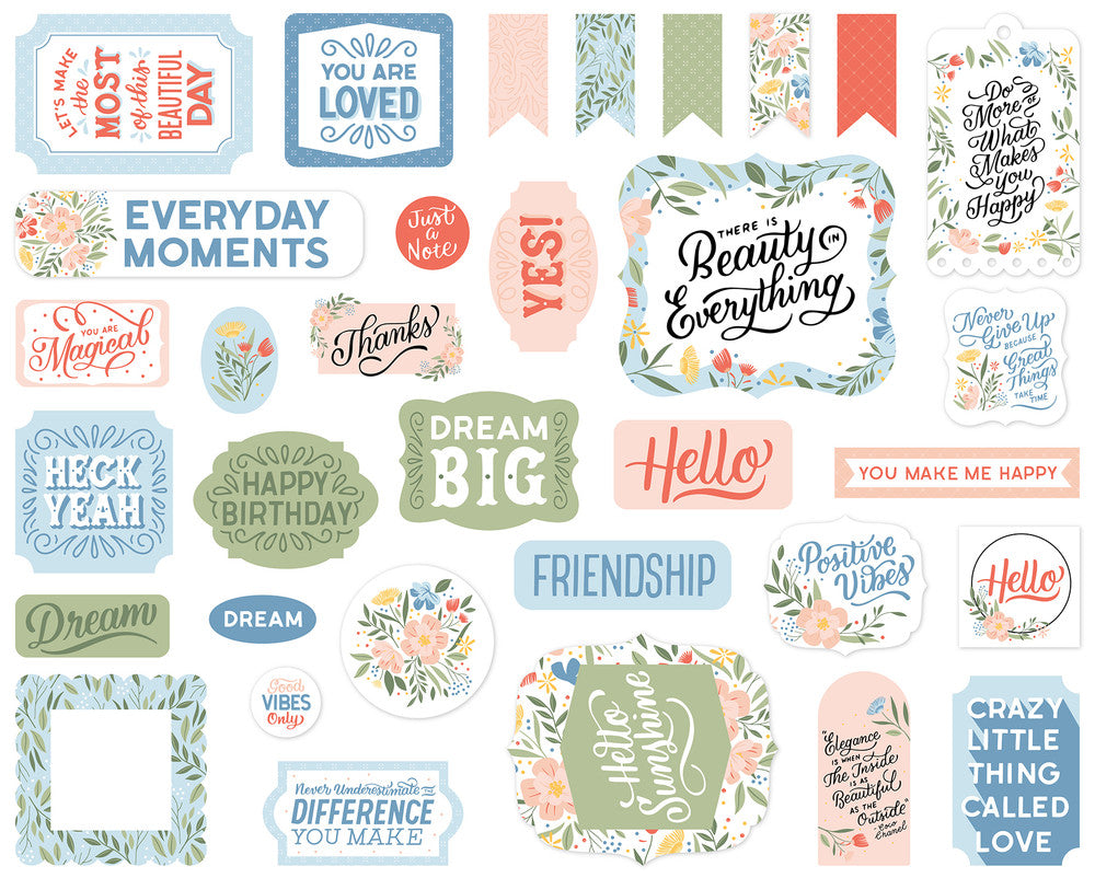 Salutations Ephemera Die Cut Cardstock Pack.  Pack includes 33 different die-cut shapes ready to embellish any project.