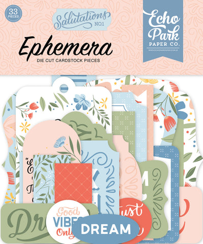 Salutations Ephemera Die Cut Cardstock Pack.  Pack includes 33 different die-cut shapes ready to embellish any project.