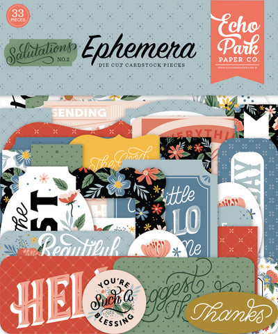 Salutations Ephemera Die Cut Cardstock Pack. Pack includes 33 different die-cut shapes ready to embellish any project. Package size is 4.5" x 5.25"