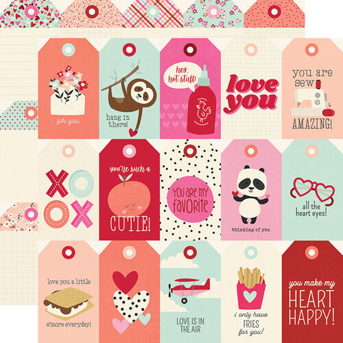 (Side A - Valentine tags with images and phrases, Side B - coordinating blank tags)