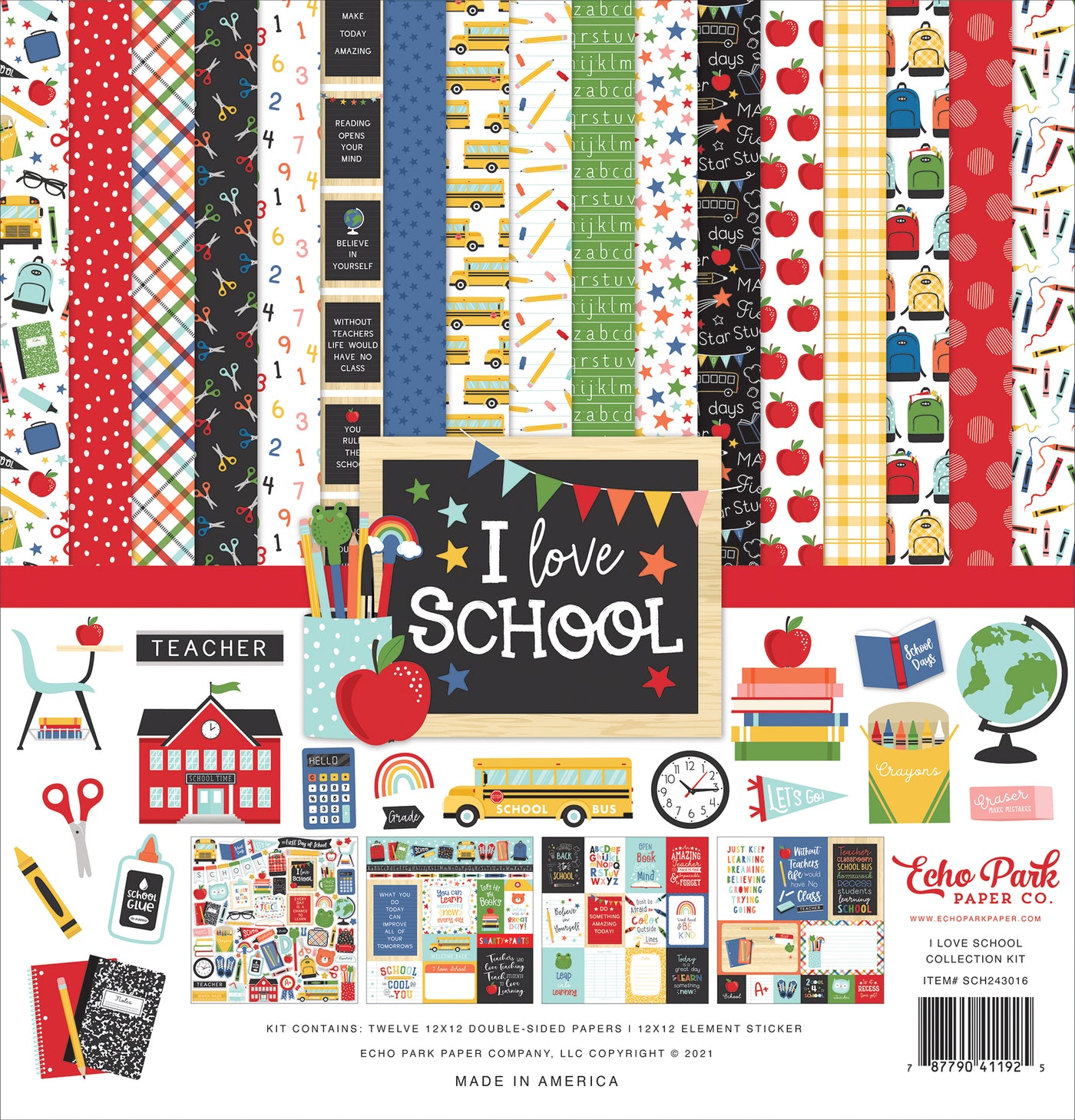 Twelve double-sided papers are featuring school themes. Designs and images of school. 12x12 inch textured cardstock. Archival quality and acid-free.