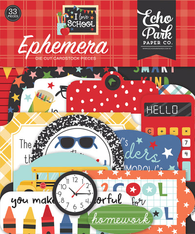 I Love School Ephemera Die Cut Cardstock Pack.  Pack includes 33 different die-cut shapes ready to embellish any project