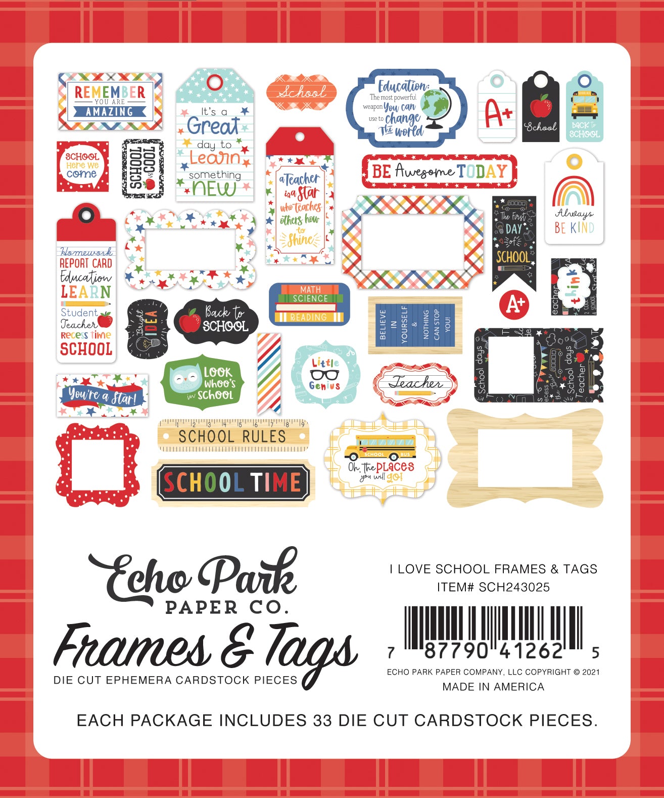I Love School Frames & Tags Die Cut Cardstock Pack.  Pack includes 33 different die-cut shapes ready to embellish any project.