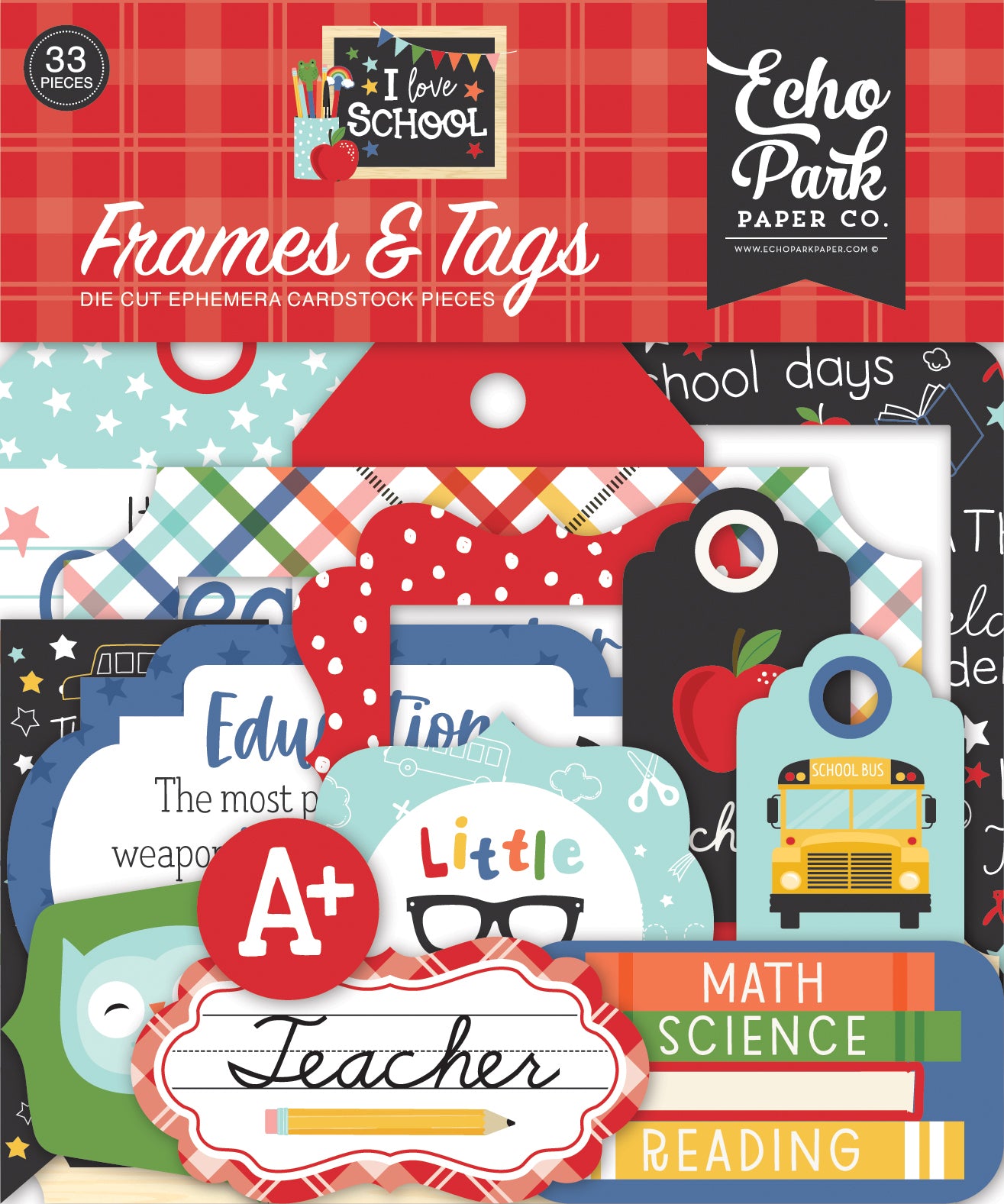 I Love School Frames & Tags Die Cut Cardstock Pack.  Pack includes 33 different die-cut shapes ready to embellish any project.