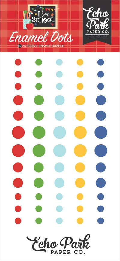 Enamel Dots from the I Love School Collection by Echo Park Paper. Package includes 60 adhesive enamel dots in various sizes with bright school colors.