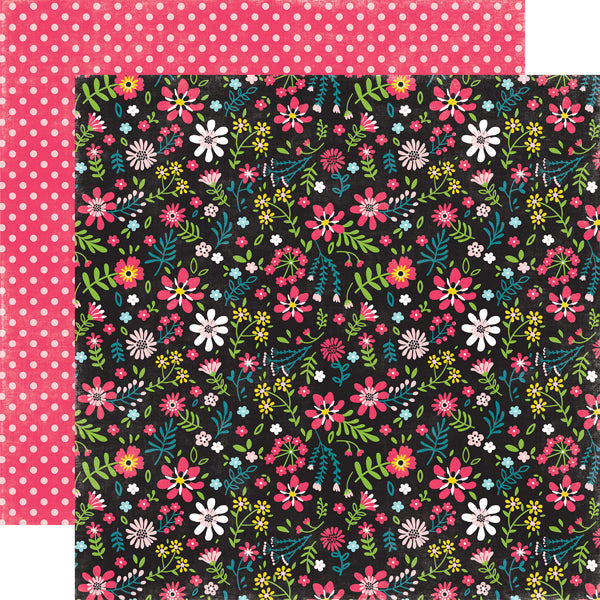 12x12 double-sided sheet. Side A - colorful, flowers on black background, Side B - pink dots on bright pink background. Archival quality, acid free. 