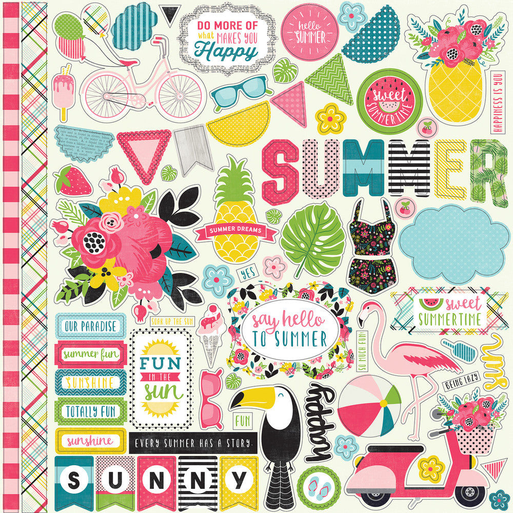 Summer Fun Elements 12" x 12" Cardstock Stickers from the Summer Fun Collection. The package includes one sheet of cardstock stickers with images of tropical flowers, a flamingo, a scooter, a bicycle, and phrases like, "Say hello to summer," "Sunny," and more. 