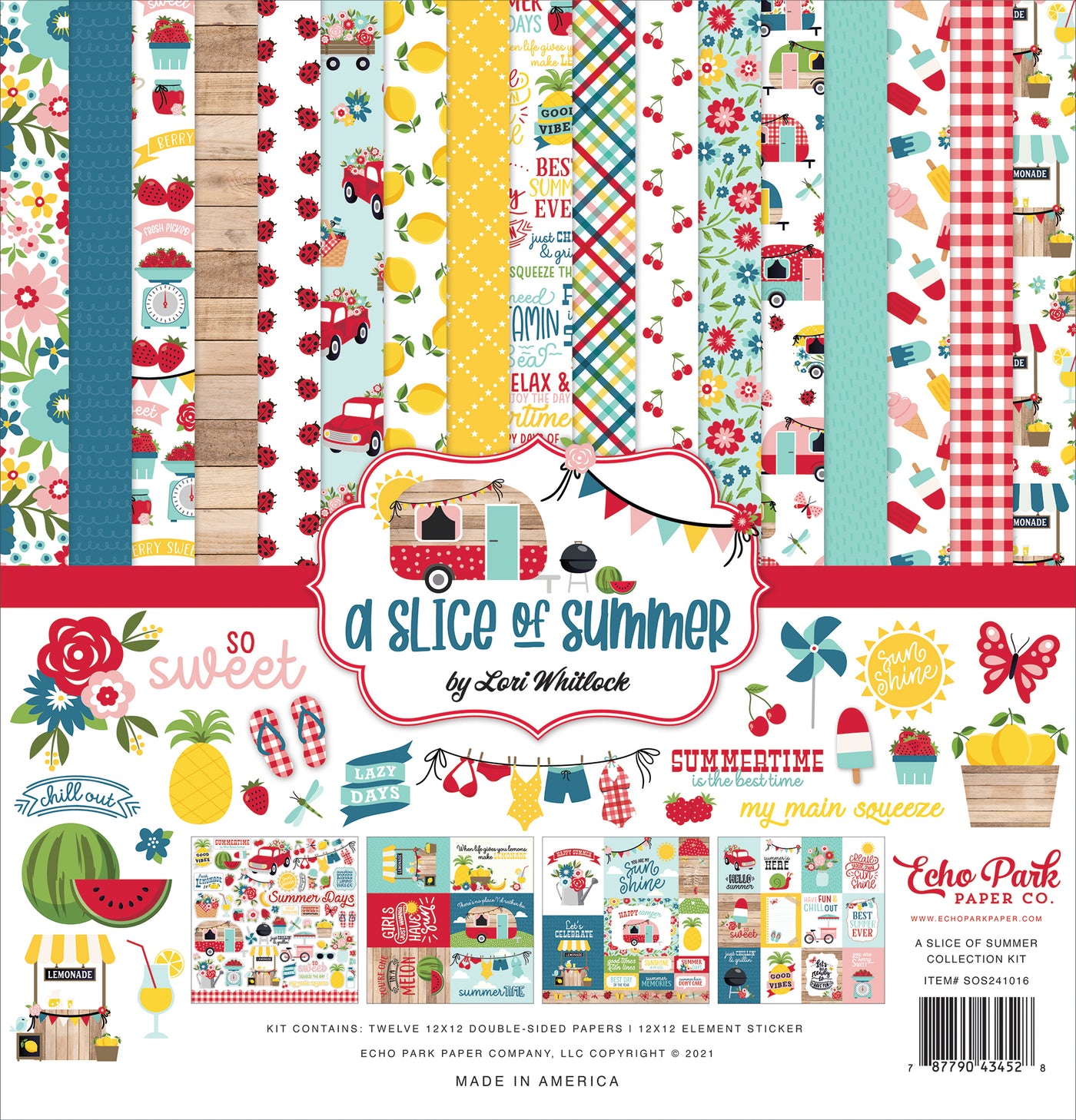 Twelve double-sided papers with delightful designs focused on summer fun, lemonade, and travel. 12x12 inch textured cardstock; includes Element Sticker Sheet.