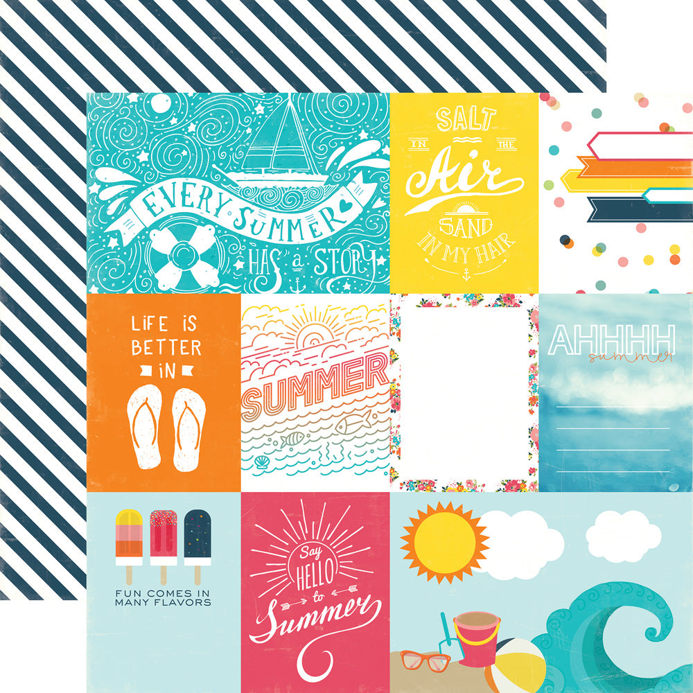 (Side A - multiple, colorful border journaling cards with phrases and images of summertime fun, Side B - navy blue and white diagonal stripes)