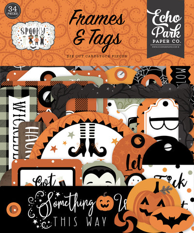 Spooky Frames & Tags Die Cut Cardstock Pack. Pack includes 33 different die-cut shapes ready to embellish any project. Package size is 4.5" x 5.25"
