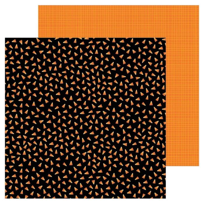 Halloween patterned paper from American Crafts featuring candy corn and orange plaid. 