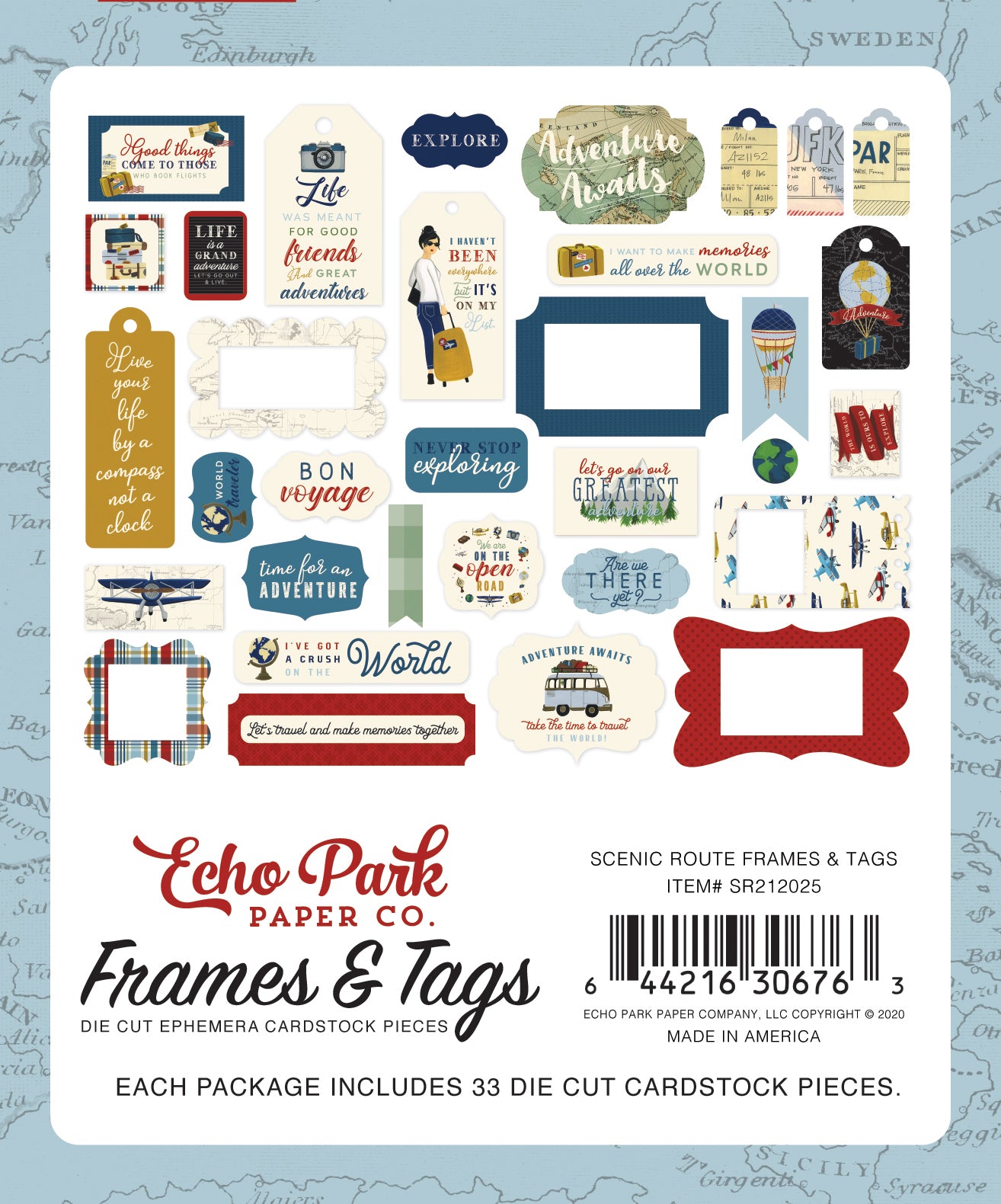 Scenic Route Frames & Tags Die Cut Cardstock Pack.  Pack includes 33 different die-cut shapes ready to embellish any project.