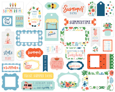 Summertime Frames and Tags Ephemera Die Cut Cardstock Pack.  Pack includes 33 different die-cut shapes ready to embellish any project. 