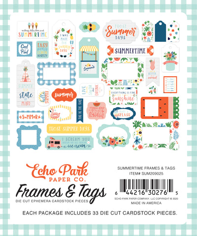 Summertime Frames and Tags Ephemera Die Cut Cardstock Pack.  Pack includes 33 different die-cut shapes ready to embellish any project. 