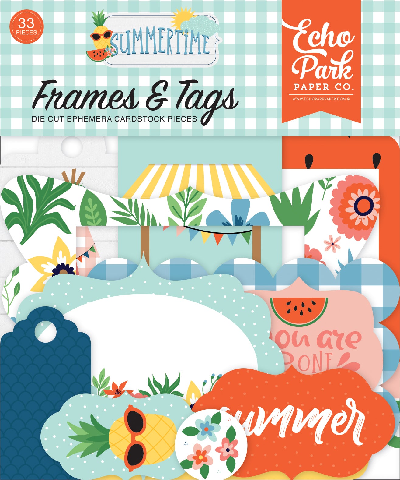 Summertime Frames and Tags Ephemera Die Cut Cardstock Pack.  Pack includes 33 different die-cut shapes ready to embellish any project. 