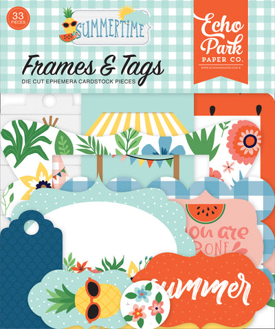 Summertime Frames and Tags Ephemera Die Cut Cardstock Pack.  Pack includes 33 different die-cut shapes ready to embellish any project. 