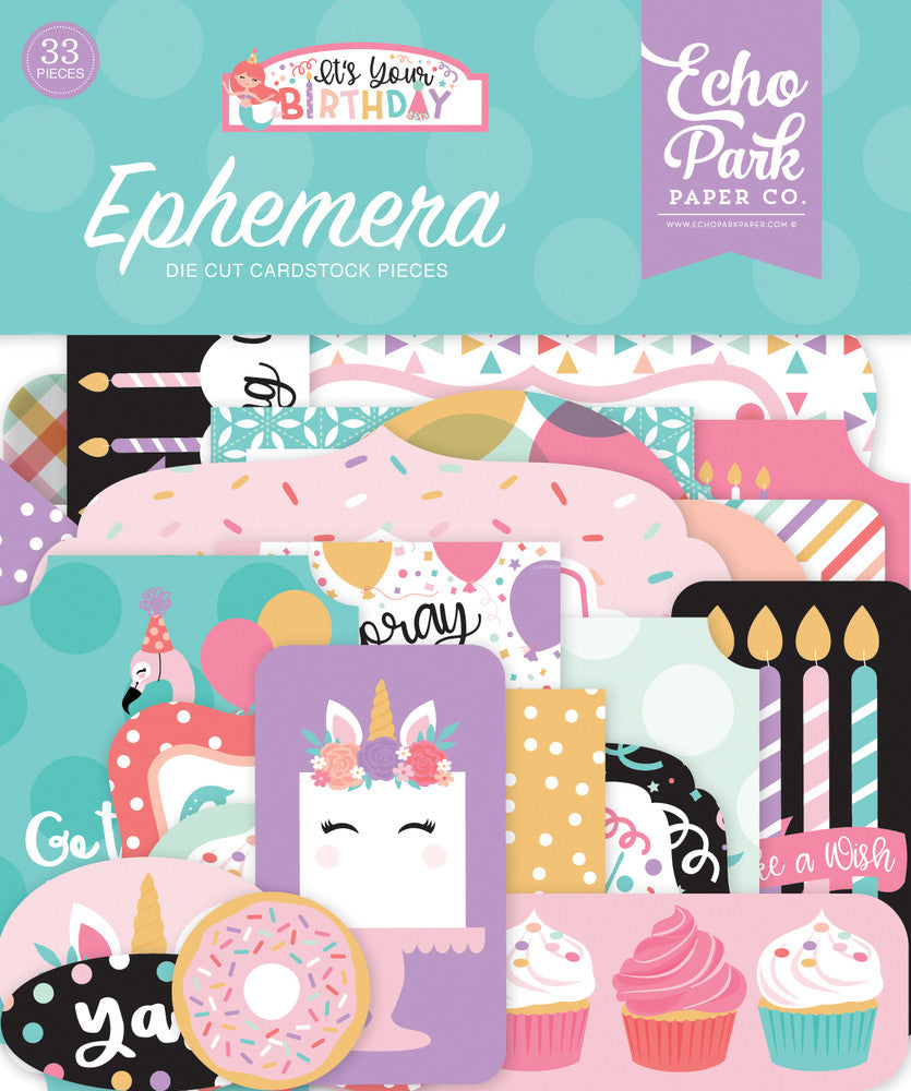 It's Your Birthday Girl Ephemera Die Cut Cardstock Pack. Pack includes 33 different die-cut shapes ready to embellish any project. Package size is 4.5" x 5.25"