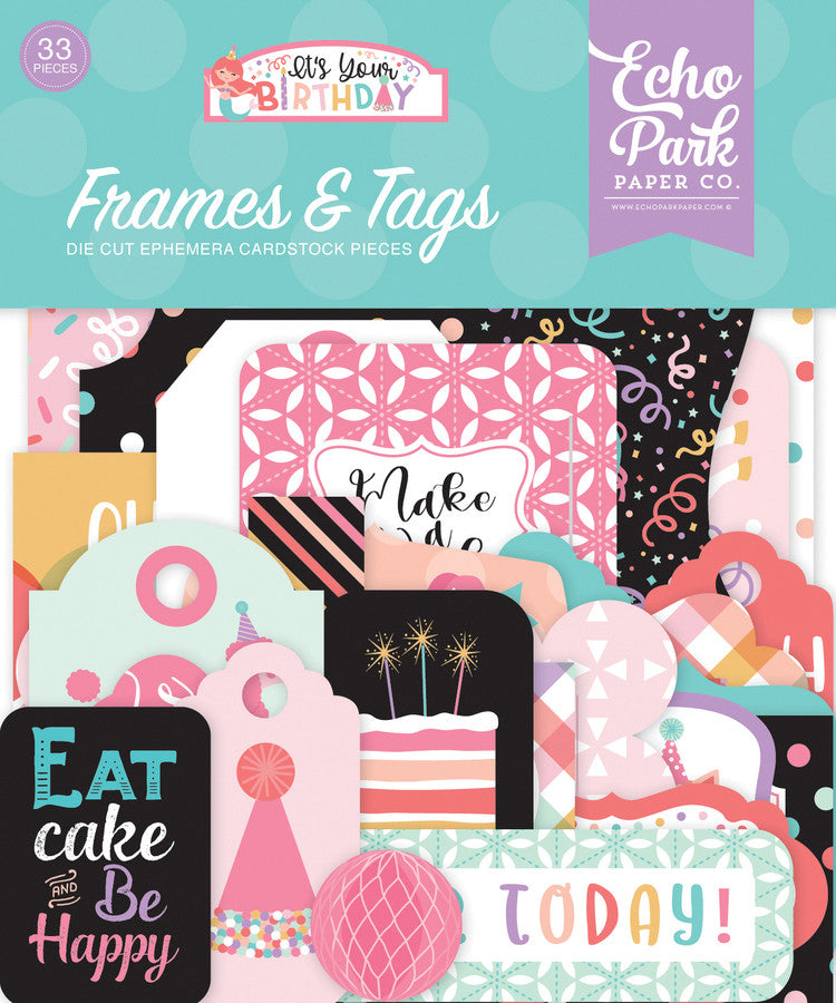 It's Your Birthday Girl Frames & Tags Die Cut Cardstock Pack. Pack includes 33 different die-cut shapes ready to embellish any project. Package size is 4.5" x 5.25"