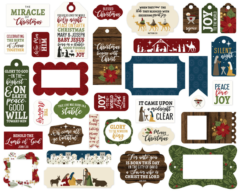The First Noel Frames & Tags Die Cut Cardstock Pack includes 33 different die-cut shapes ready to embellish any project.