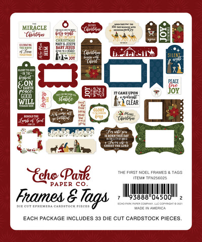 The First Noel Frames & Tags Die Cut Cardstock Pack includes 33 different die-cut shapes ready to embellish any project.