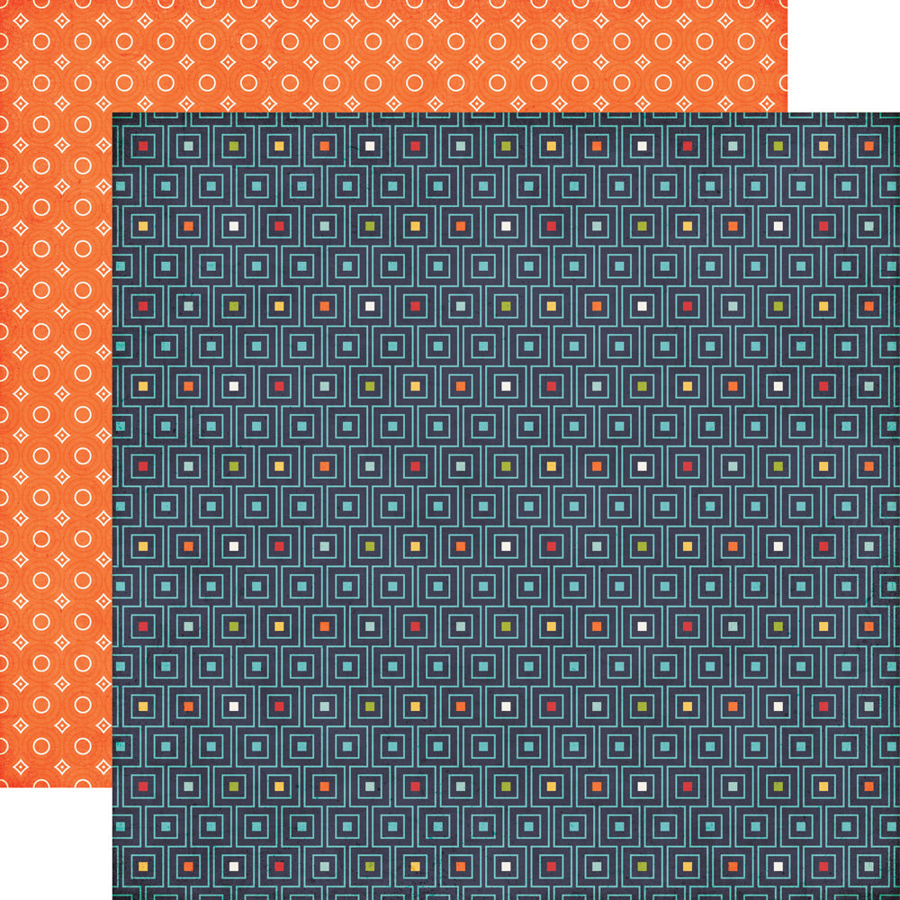 Multi-Colored (Side A - lined square pattern with colored solid squares in the centers on a navy blue background, Side B - small diamonds and squares on orange background)