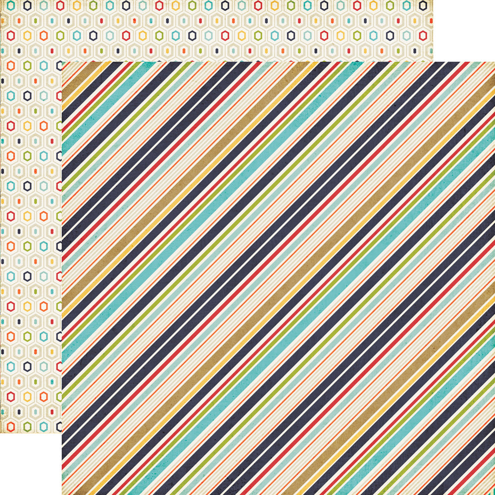 Multi-Colored (Side A - navy, red, orange, green, turquoise, and yellow stripes in various widths on an off-white background, Side B - oblong hexagon pattern with navy, red, orange, green, turquoise, or yellow in the centers on an off-white background)