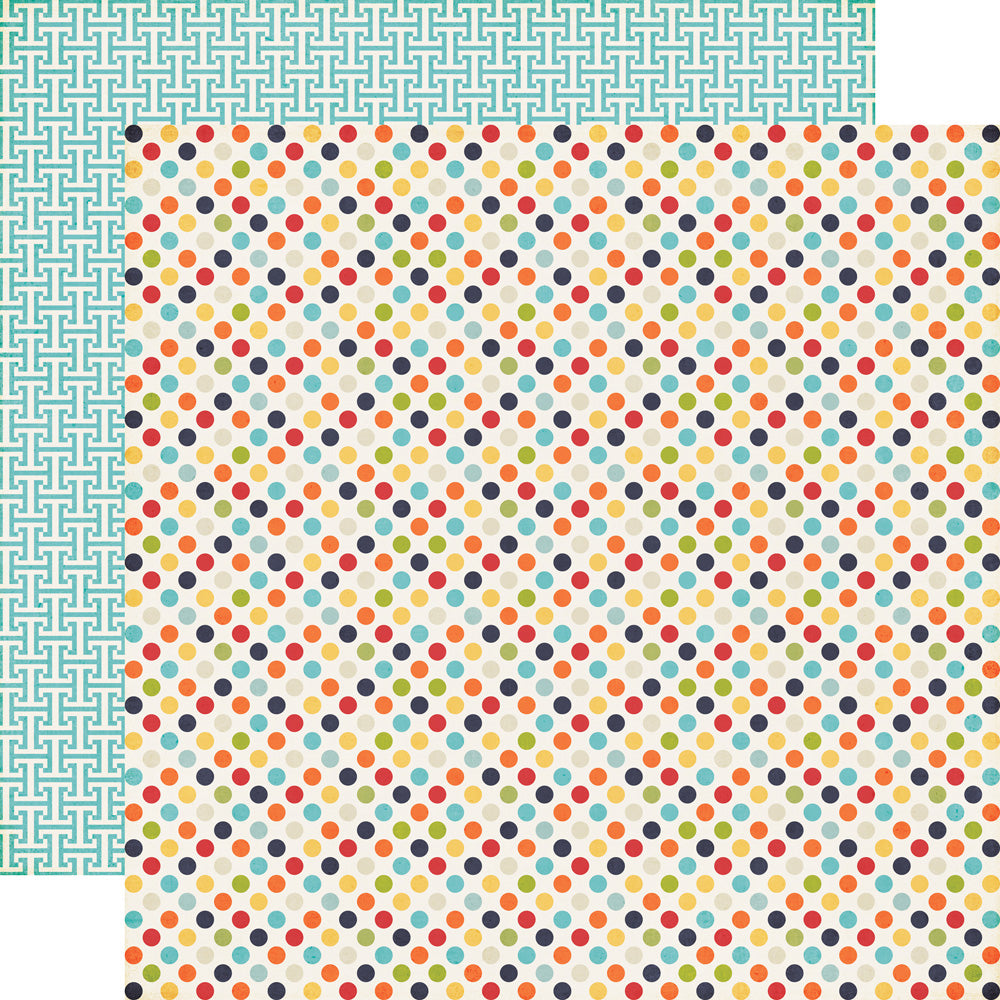Multi-Colored (Side A - navy, red, orange, green, turquoise, and yellow polka dots all over on an off-white background, Side B - turquoise pattern on an off-white background)