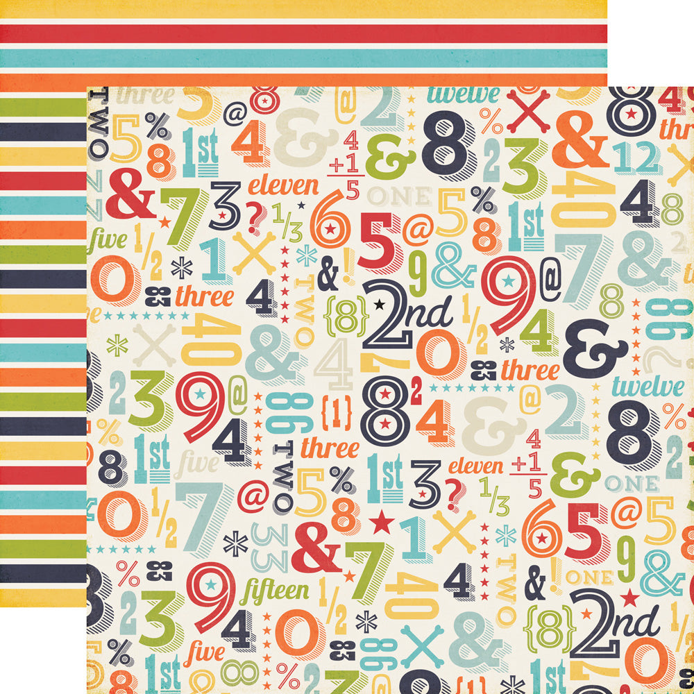 Multi-Colored (Side A - navy, red, orange, green, turquoise, and yellow numbers all over on an off-white background, Side B - yellow, red, turquoise, orange, green, and navy stripes on an off-white background)