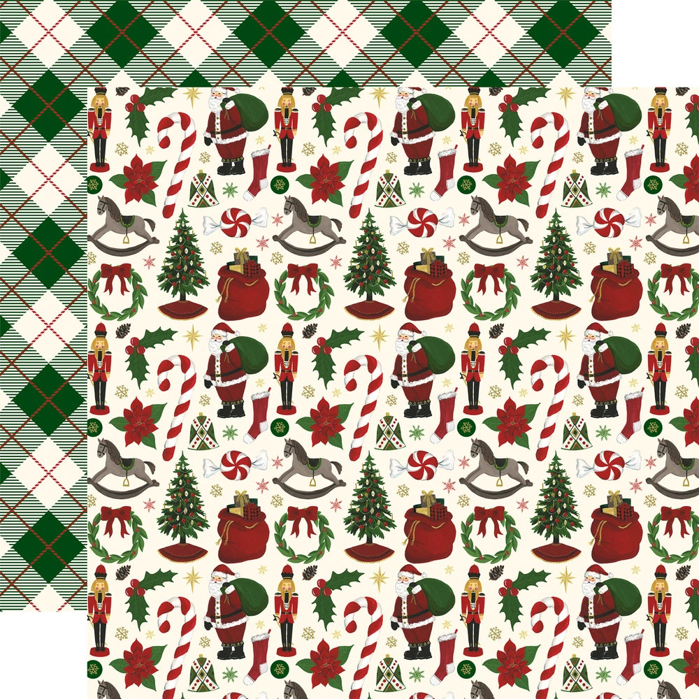 Multi-Colored (Side A - Christmas icons including Santa, Christmas tree, candy cane, rocking horse, poinsettia, etc. on an off-white background, Side B - green and red plaid on an off-white background)