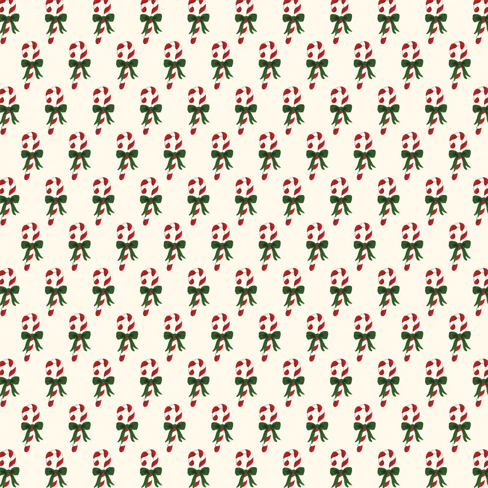 Side B - Red and white candy canes tied with green bows on an off-white background